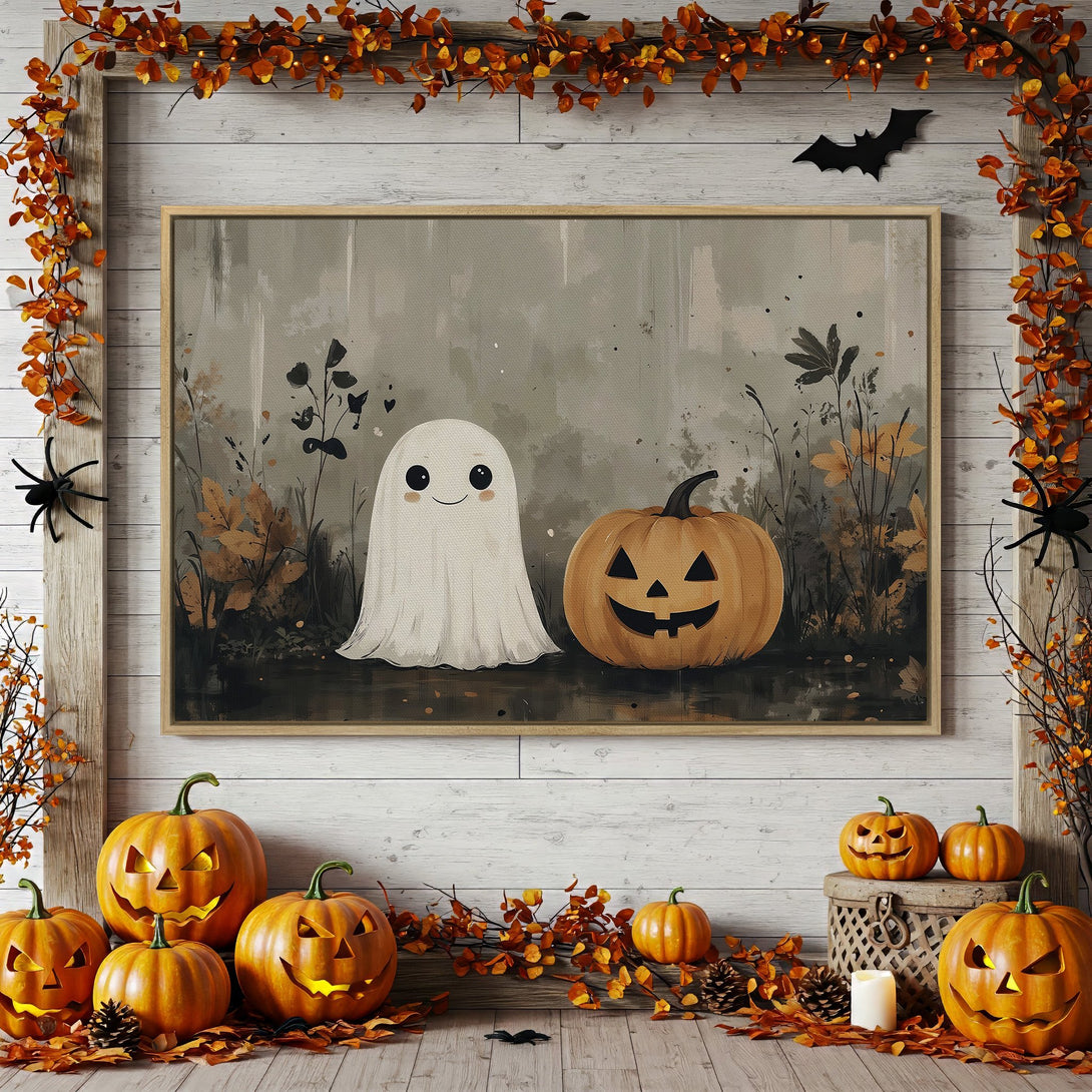 Framed Wall Art: Adorable Halloween ghost and pumpkin canvas print in neutral tones, perfect for seasonal decor.