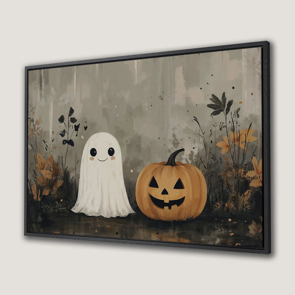 Framed Wall Art: Cute Halloween ghost & pumpkin art in a muted, earthy palette. Perfect fall decor! Canvas print for seasonal home styling.
