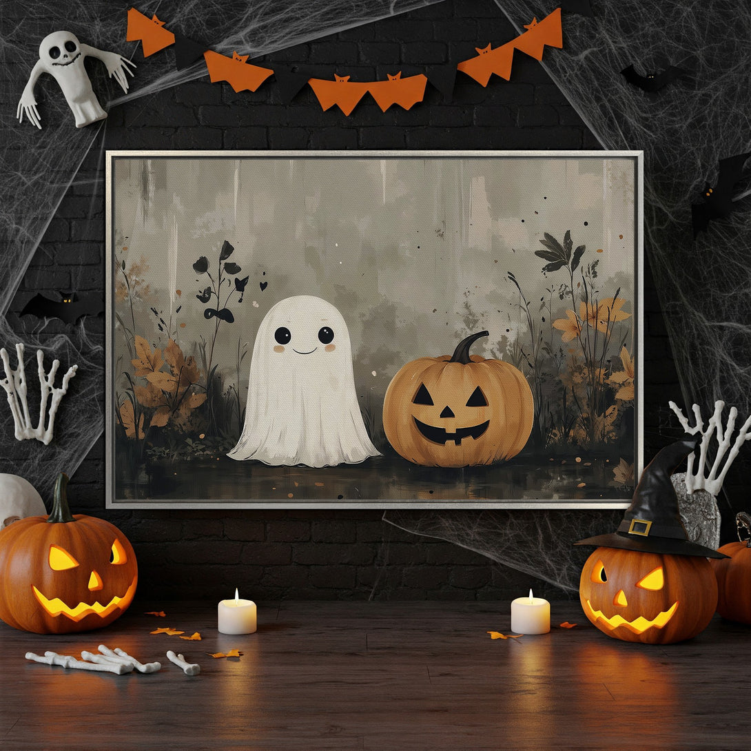 Framed Wall Art: Spooky Halloween scene with a cute ghost and pumpkin, warm orange and neutral tones. Perfect for seasonal decor!