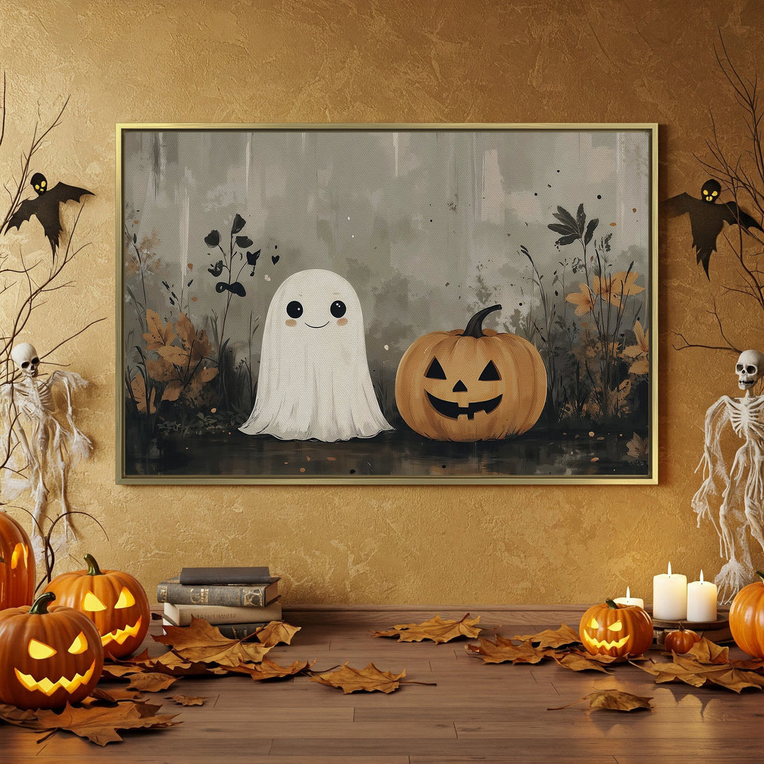 Halloween Canvas Print featuring a cute ghost and pumpkin, warm neutral tones, perfect for spooky season decor.