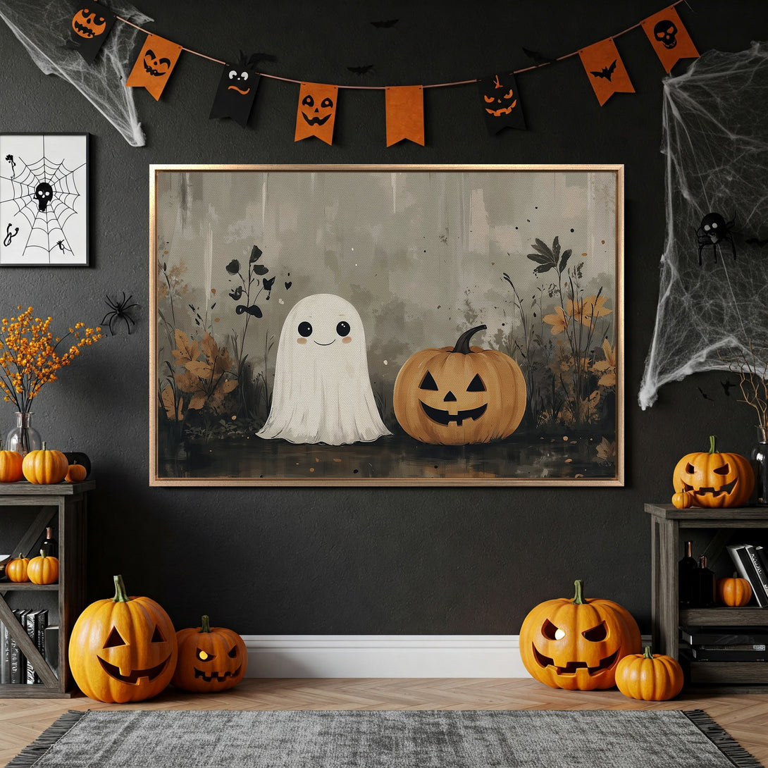 Framed Wall Art featuring a cute ghost and pumpkin illustration in muted tones. Perfect Halloween decor, adding a touch of spooky charm to any space.