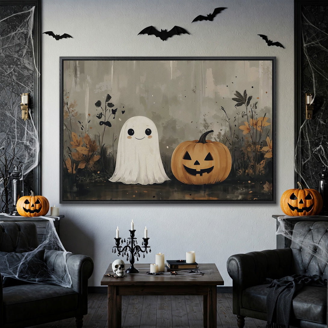 Framed Wall Art: Cute ghost and pumpkin Halloween scene in neutral tones. Perfect spooky decor for your home!
