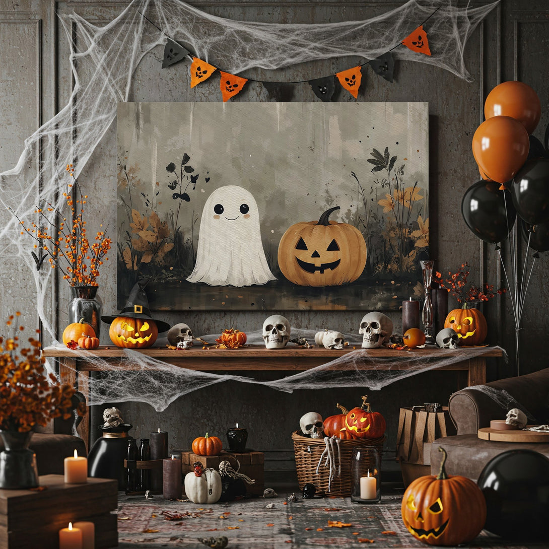 Framed Wall Art: Cute ghost & pumpkin Halloween scene. Neutral color palette. Perfect fall decor for your home. Shop now!