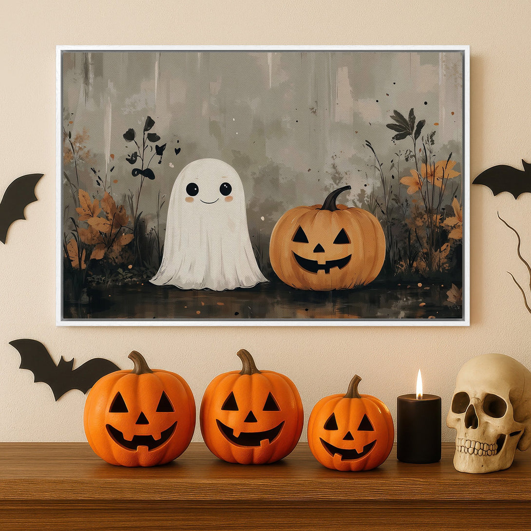 Halloween Canvas Print featuring a cute ghost and pumpkin in a whimsical, muted color palette. Perfect spooky decor!