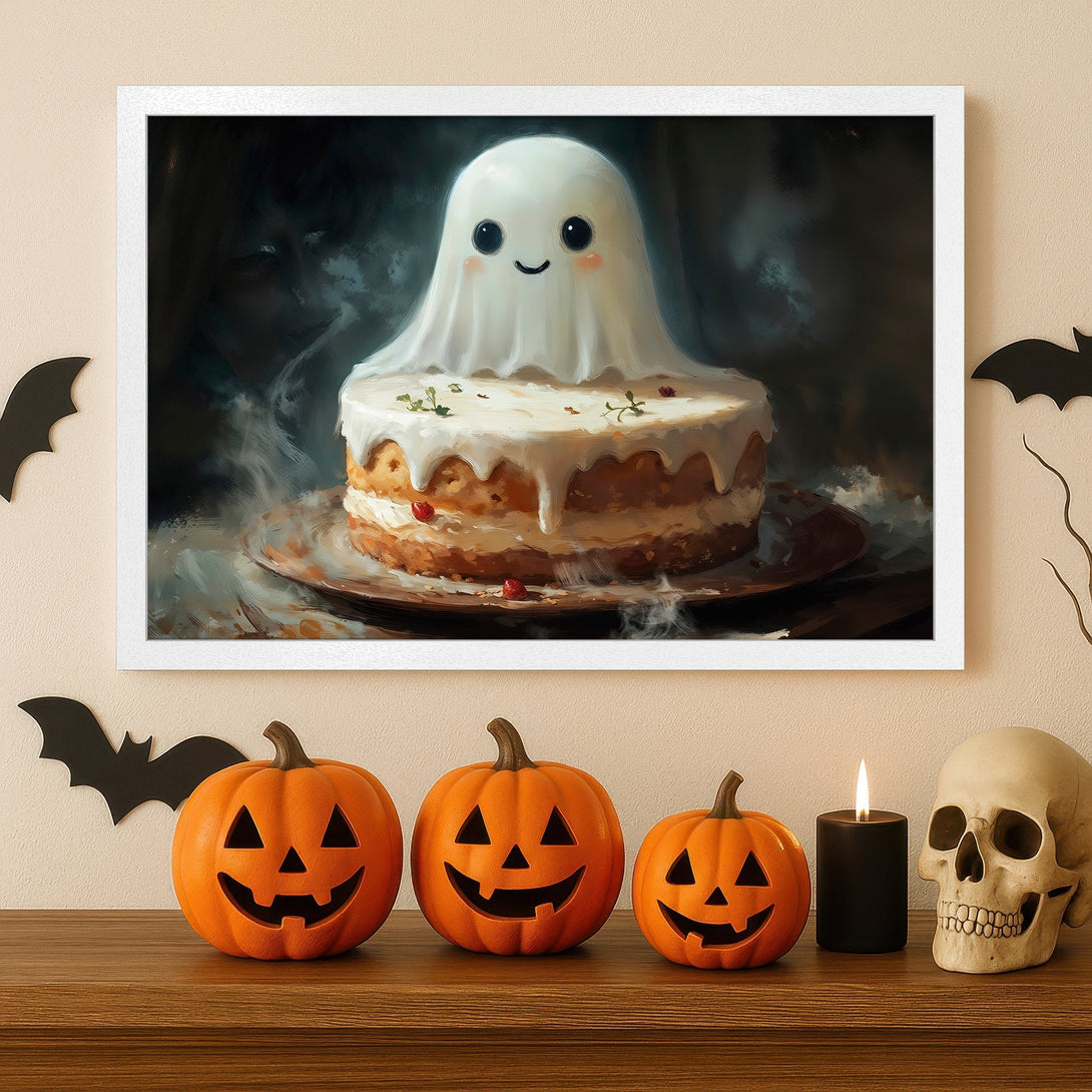 Framed Poster featuring a cute ghost cake. Whimsical style, warm color palette with orange, white, and brown tones. Perfect Halloween decor!