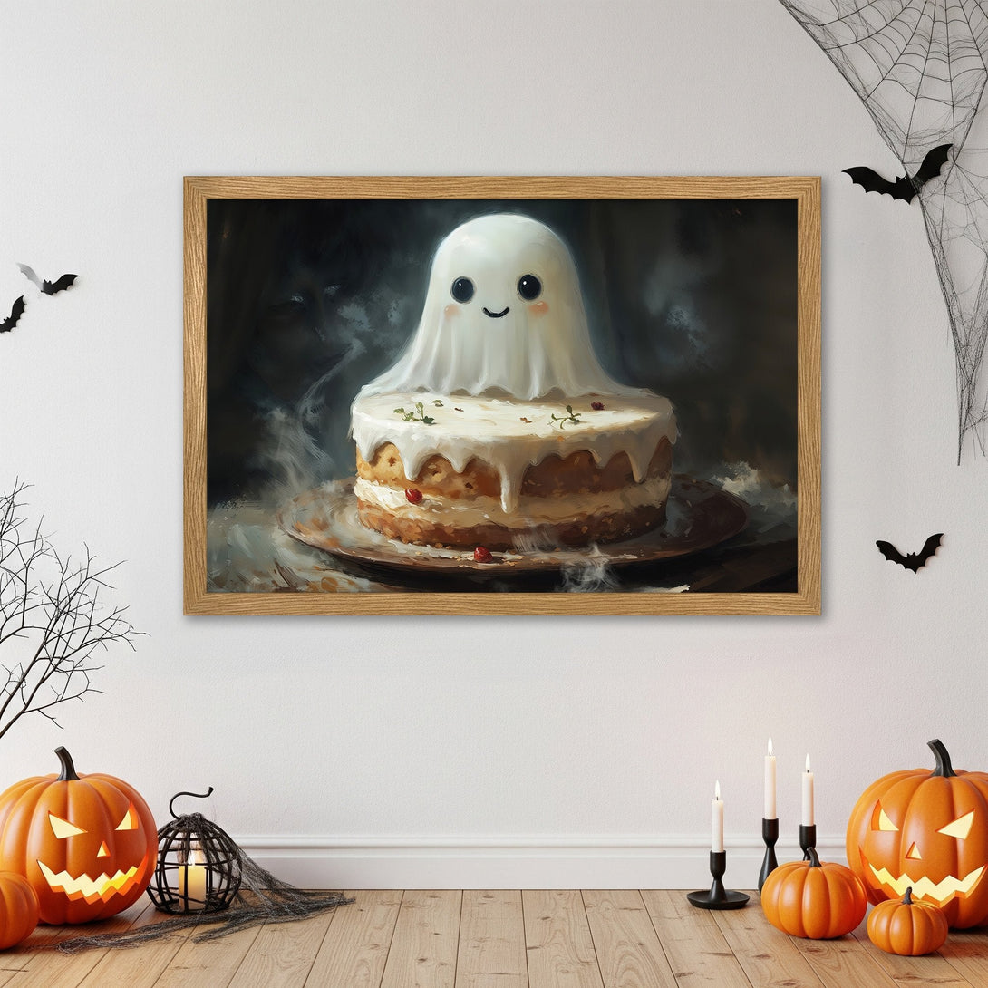 Framed Poster of a cute ghost cake. Whimsical art in a warm, neutral color palette. Perfect Halloween decor!