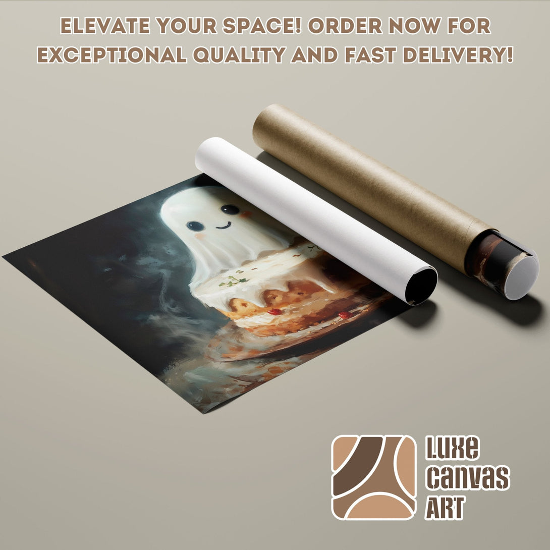 Poster Roll featuring a cute ghost cake art print, warm color palette. Order yours today!