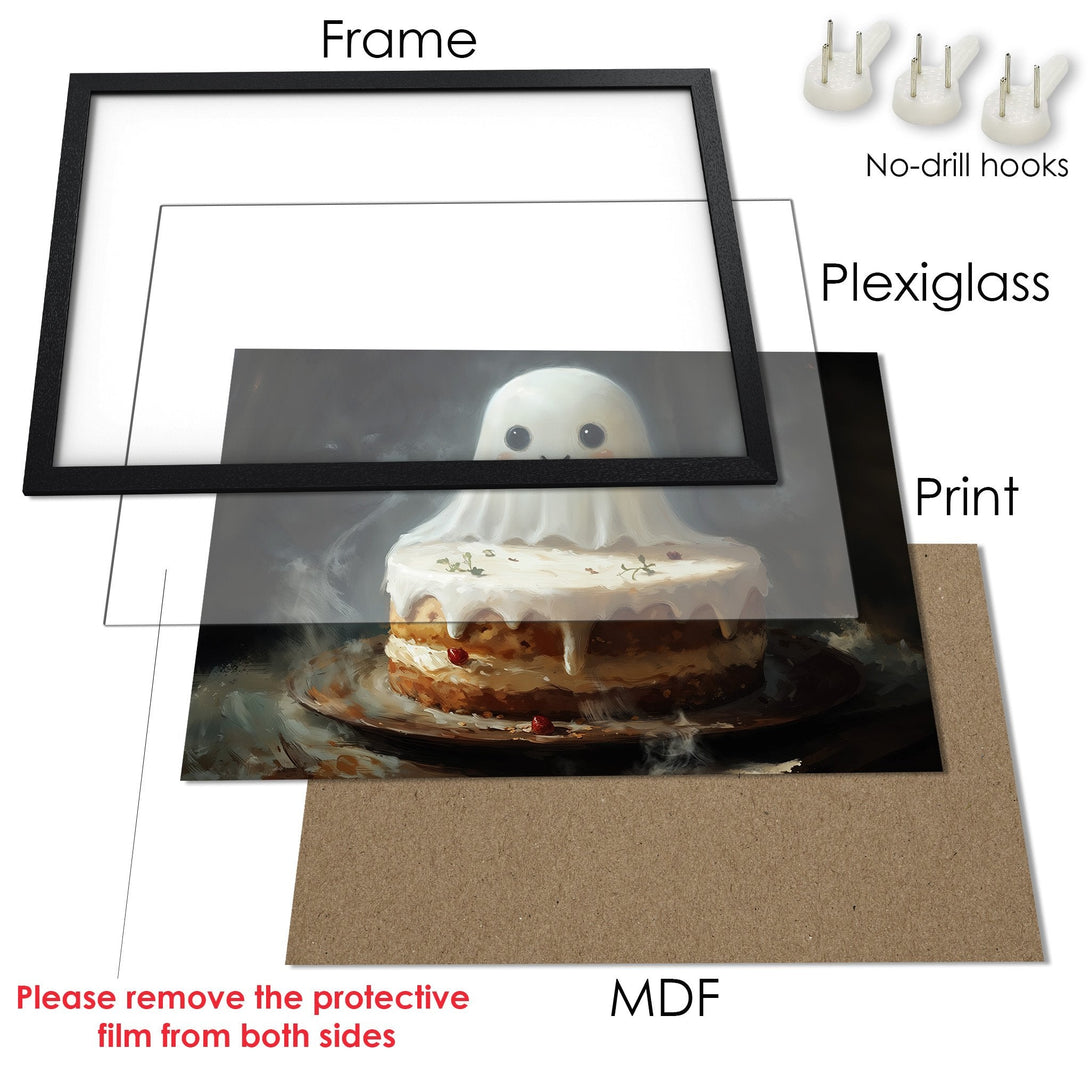 Framed Poster featuring a cute ghost cake illustration, with a neutral color palette. Perfect spooky decor!