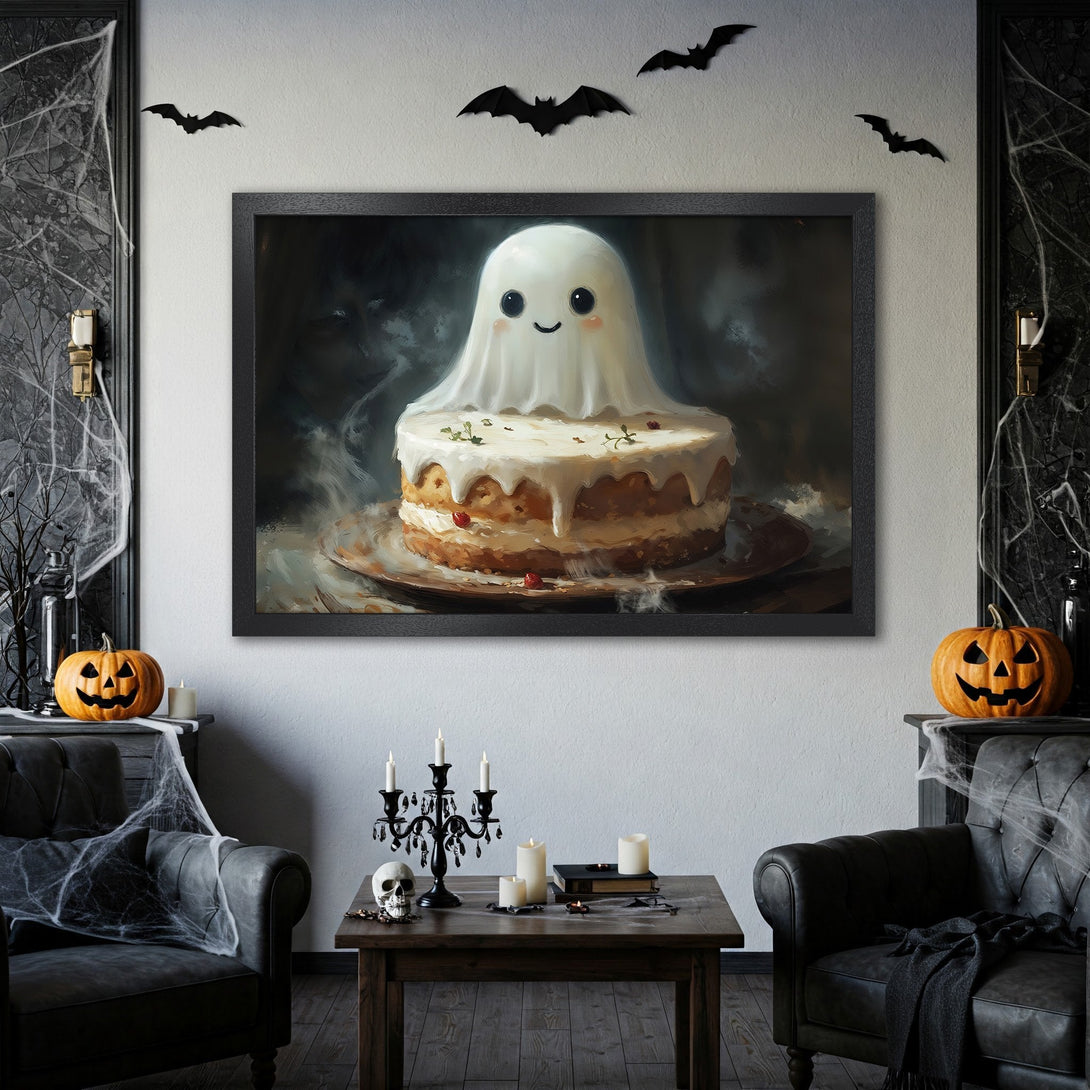 Framed Poster featuring a cute ghost cake illustration in a Halloween-themed setting. Moody style with a dark, neutral color palette. Perfect spooky decor!