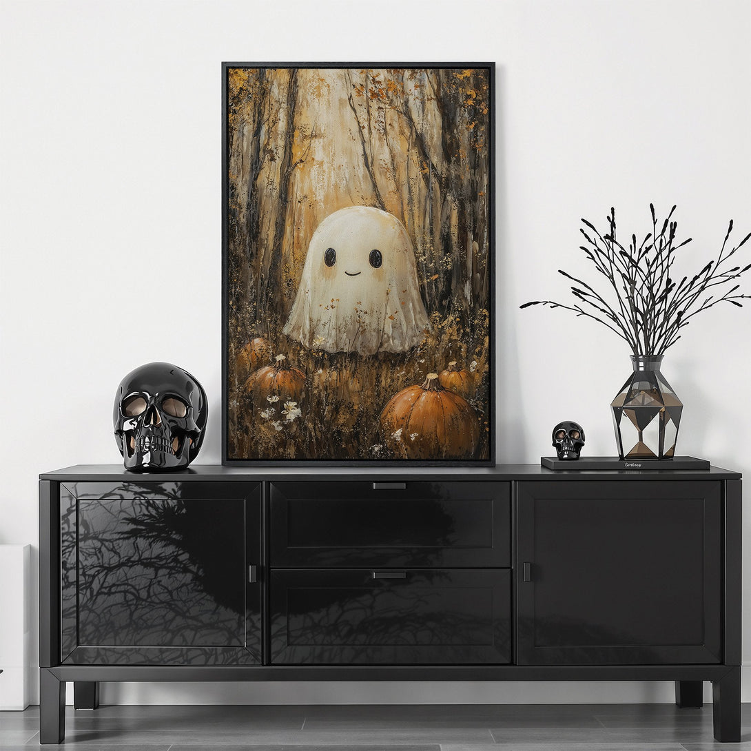 Framed Wall Art: Spooky ghost painting in warm autumn tones. Perfect Halloween decor! Adds a touch of whimsy to any space. Shop now!