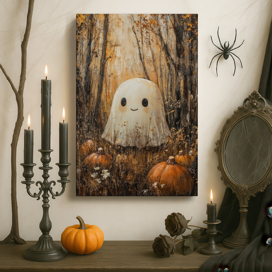 Framed Wall Art featuring a friendly ghost in a forest scene. Warm, autumnal color palette. Perfect Halloween decor for a cozy interior.