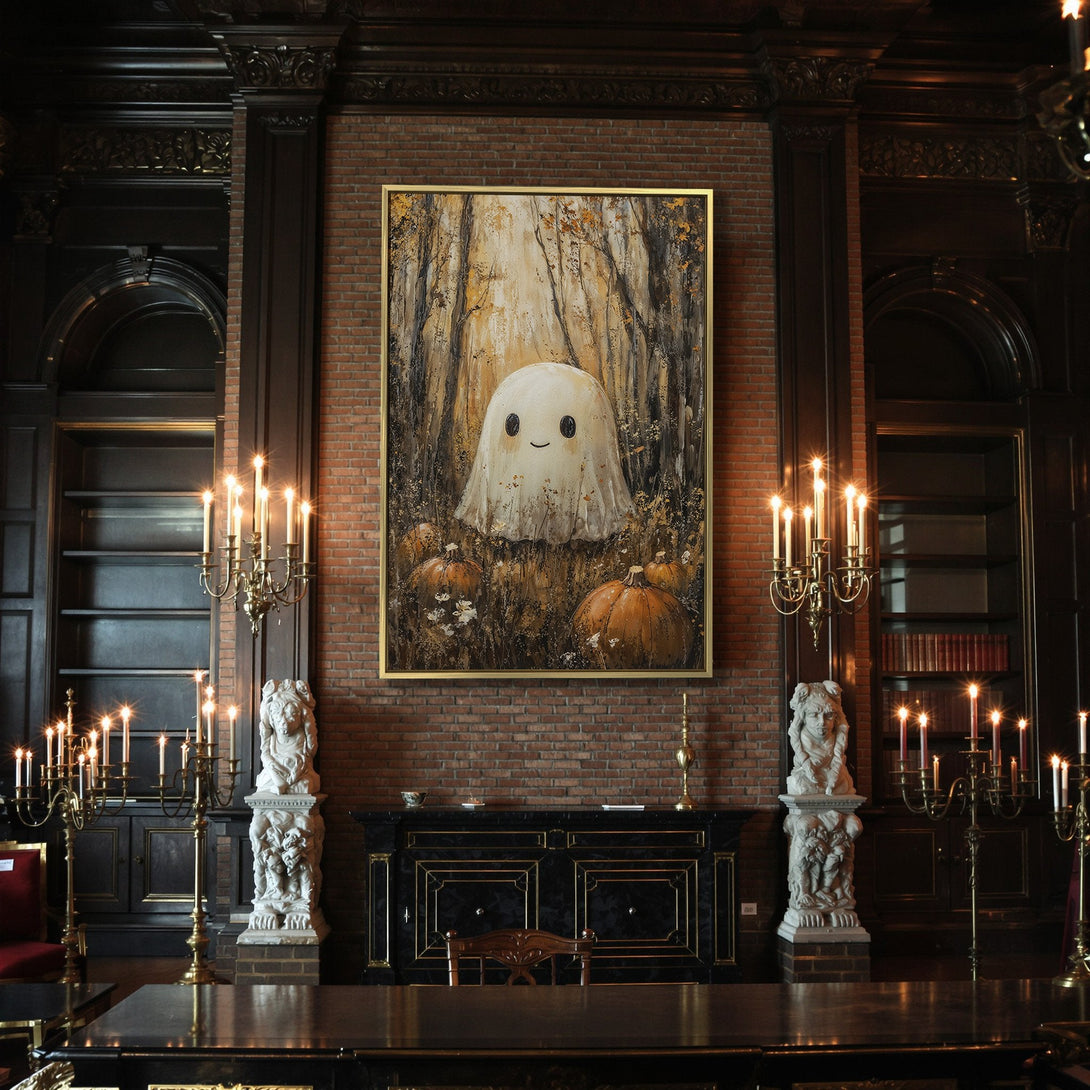 Canvas Print: Halloween ghost art in warm autumn tones. Perfect spooky decor for your home! Shop now for unique wall art.