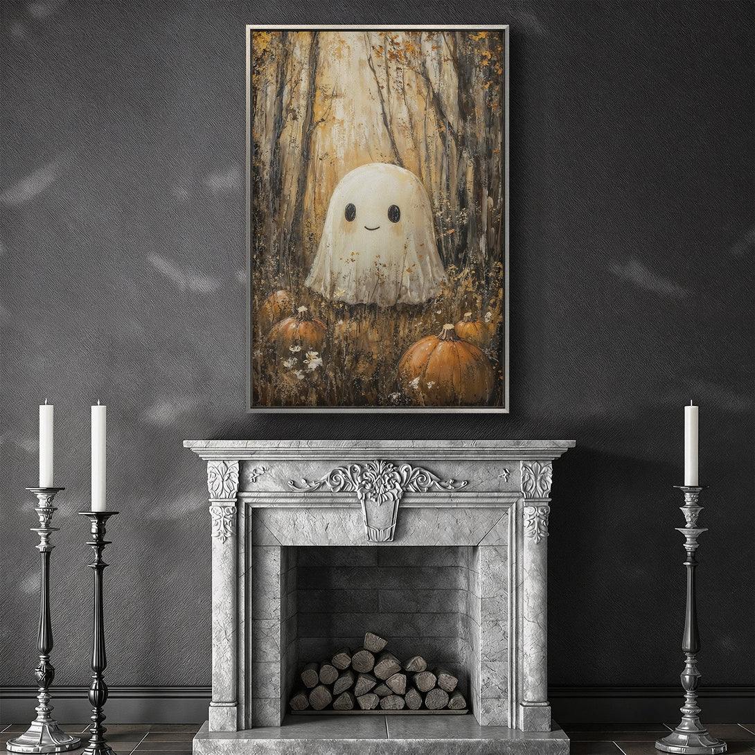 Framed Wall Art featuring a cute ghost and pumpkins in a forest scene. Warm, earthy tones. Perfect Halloween decor!