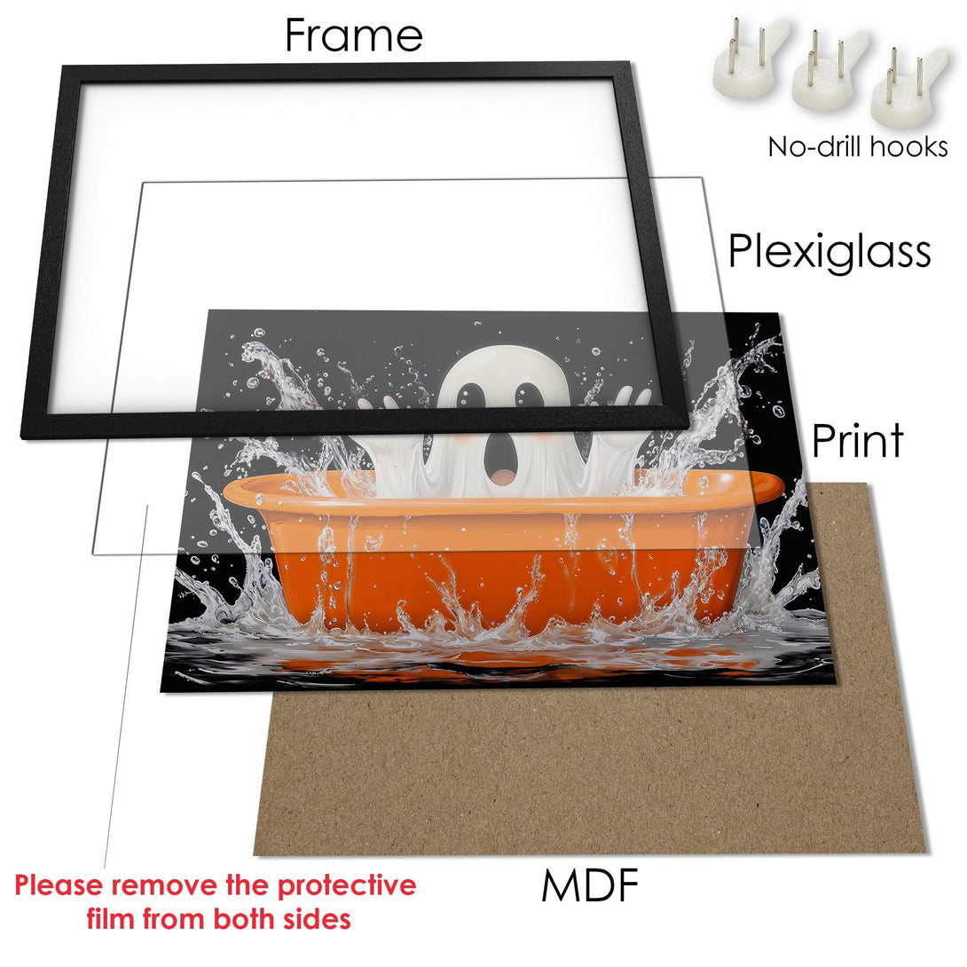 Framed Poster featuring a spooky ghost in an orange tub with water splashes. Black, white, and orange color palette. Perfect Halloween decor!