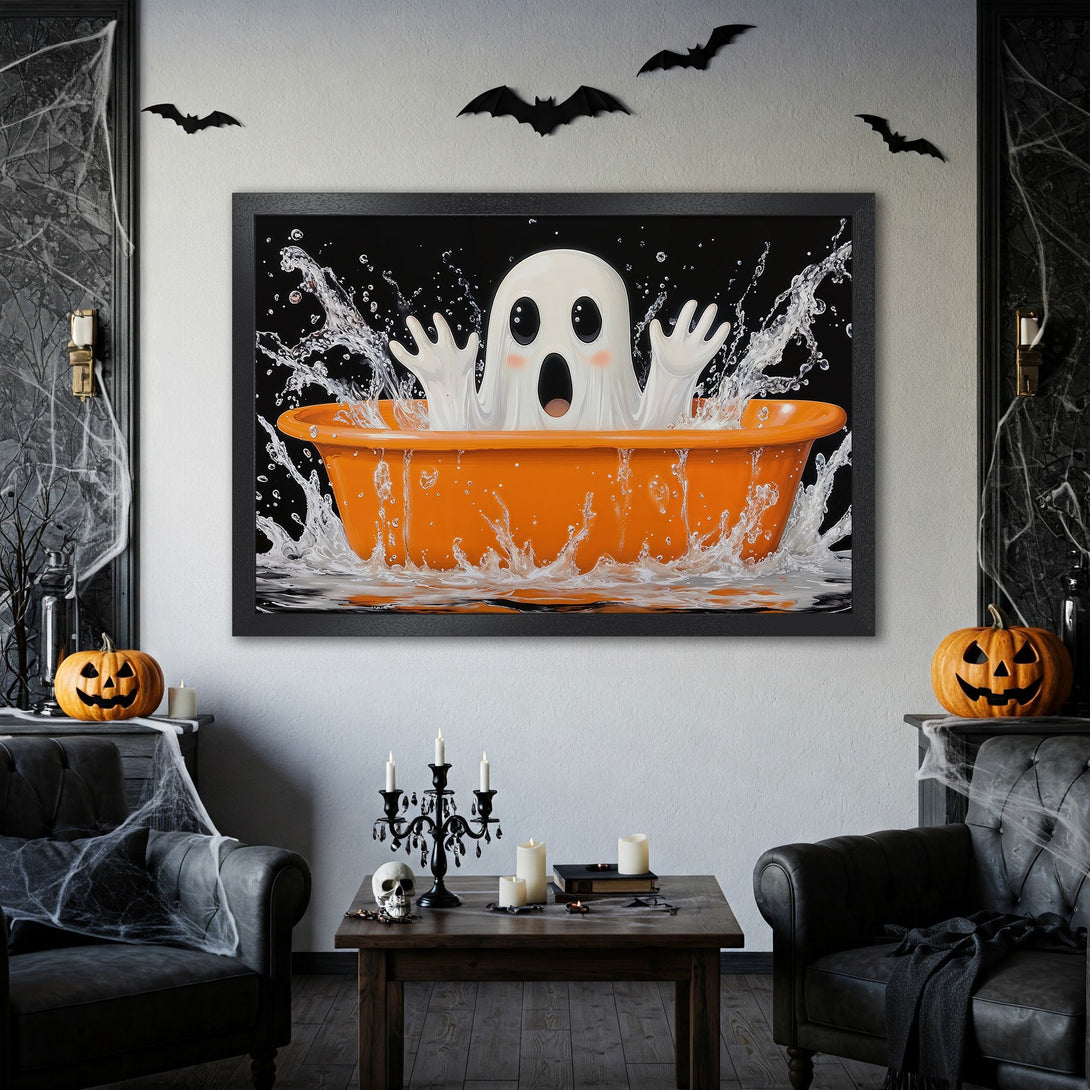 Framed Poster featuring a cute ghost in an orange tub. Whimsical illustration with a black, white, and orange color palette, perfect for Halloween decor.