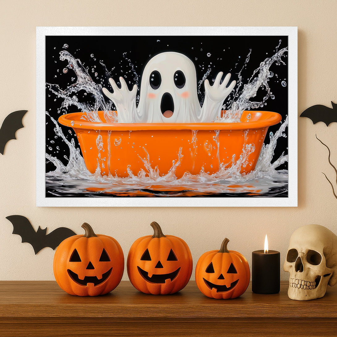 Framed Poster featuring a cute ghost in a bath, Halloween style art with orange, black, and white colors.