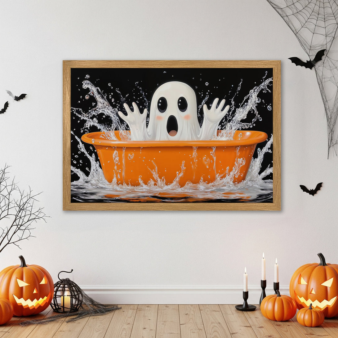 Framed Poster featuring a cute ghost in an orange bathtub. Whimsical, Halloween-themed art with a black, white, and orange color palette. Perfect for spooky decor!