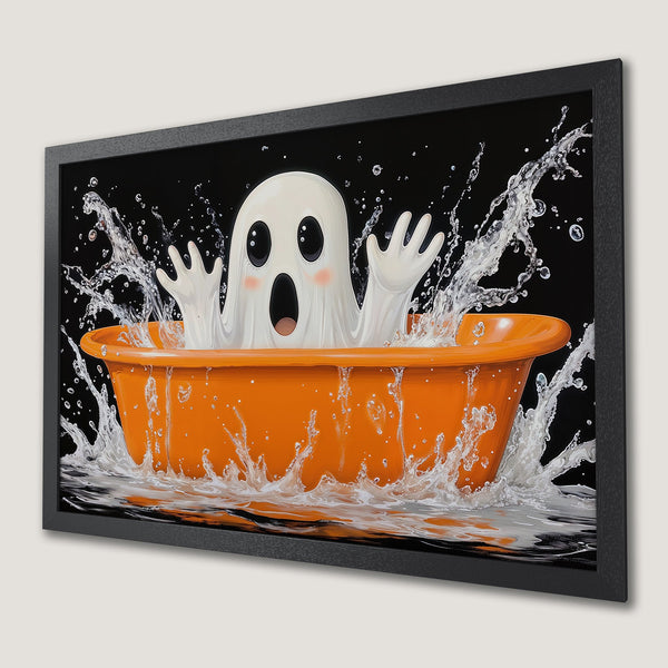 Framed Poster of a cute ghost in a bathtub with water splashes. Whimsical style, orange, black, and white color palette. Halloween decor.