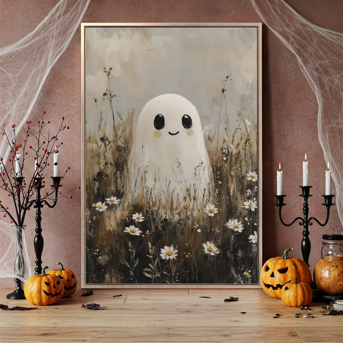 Framed Wall Art featuring a whimsical ghost in a field, painted in a soft, neutral color palette. Perfect Halloween decor!