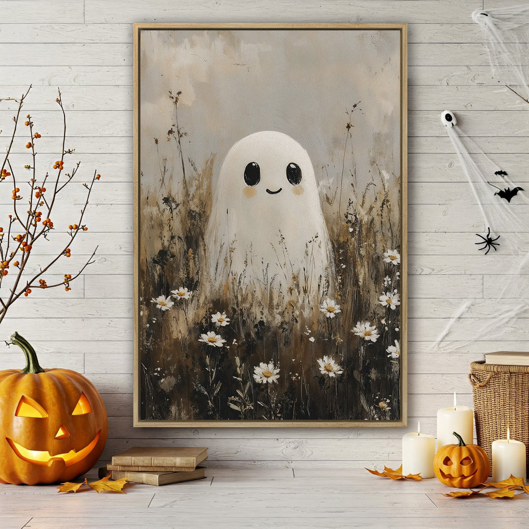 Framed Wall Art: Adorable ghost in a field of flowers, perfect for Halloween decor. Neutral color palette with warm tones. Add a touch of spooky charm!