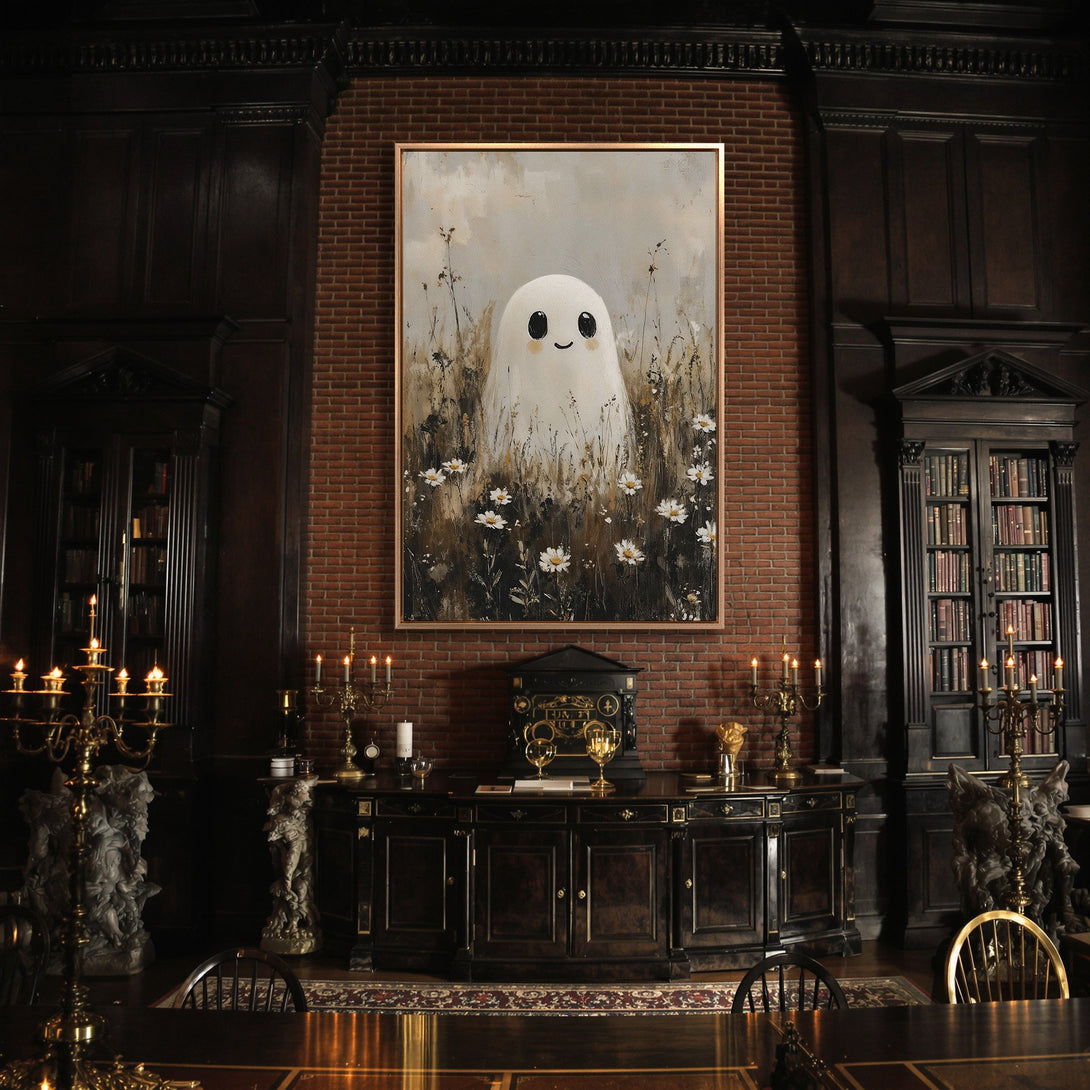 Framed Wall Art of a cute ghost in a field. Whimsical art with a neutral palette, perfect for adding a touch of charm to any room. Shop now!