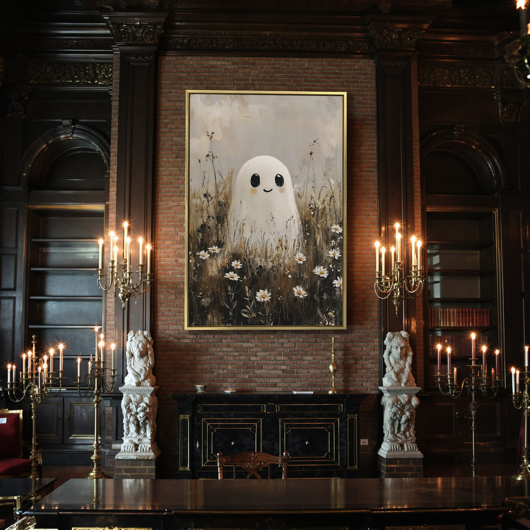 Canvas Print: Adorable ghost art in a whimsical style, featuring a warm, neutral color palette. Perfect Halloween decor for a cozy home!