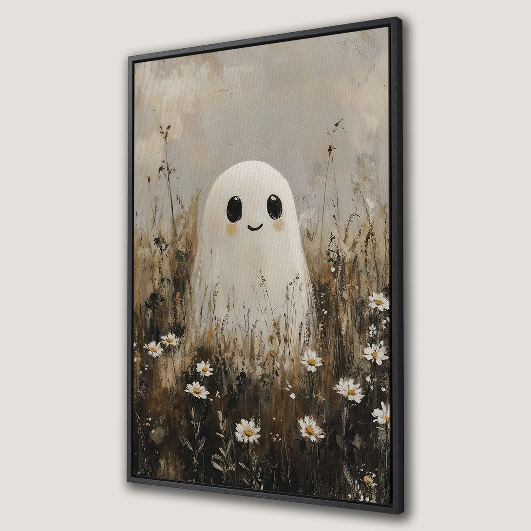 Framed Wall Art: Adorable ghost in a field of daisies. Whimsical artwork in neutral tones. Perfect for adding a touch of charm to your home decor.