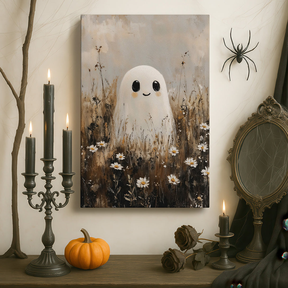 Framed Wall Art: Adorable ghost painting in a whimsical style, set in a cozy interior. Neutral color palette with pops of white and brown. Perfect for Halloween!