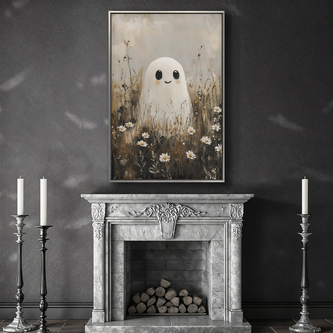 Framed Wall Art featuring a cute ghost in a field of daisies. Soft, neutral color palette. Perfect for adding a touch of whimsy to your home decor.