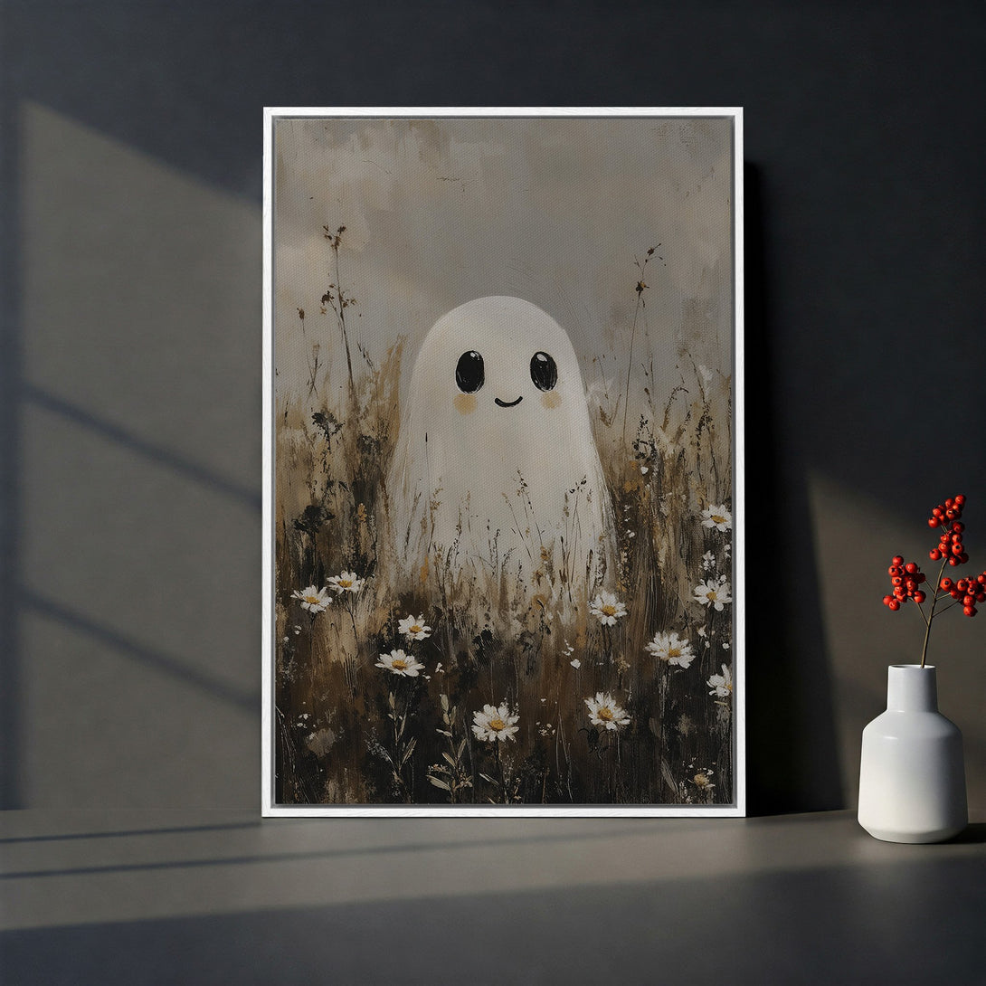 Framed Wall Art: Adorable ghost painting in neutral tones. Whimsical art for your home. Perfect for a cozy, stylish interior. Shop now!