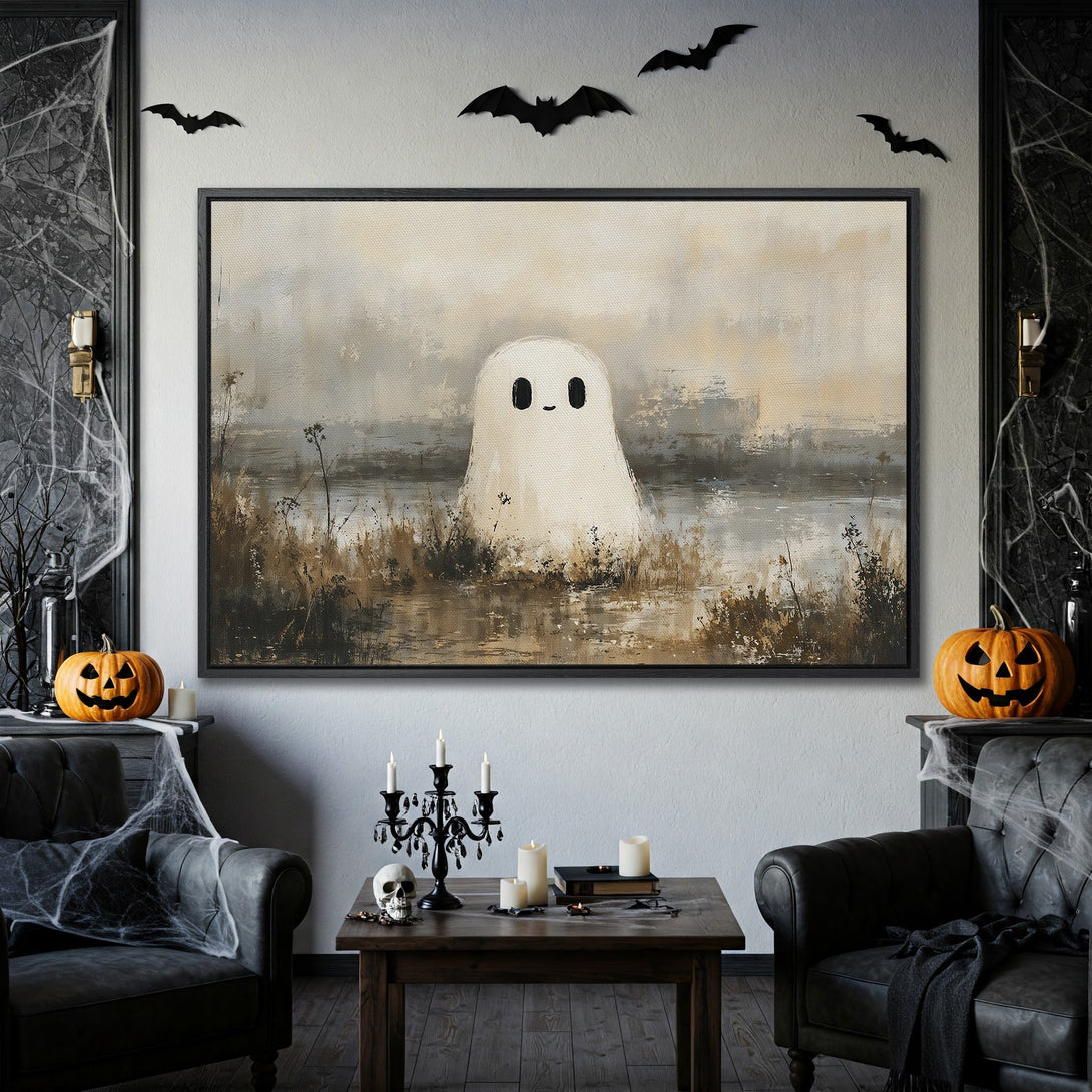 Framed Wall Art: Spooky ghost painting in neutral tones. Perfect Halloween decor for your home. Shop our canvas print collection today!