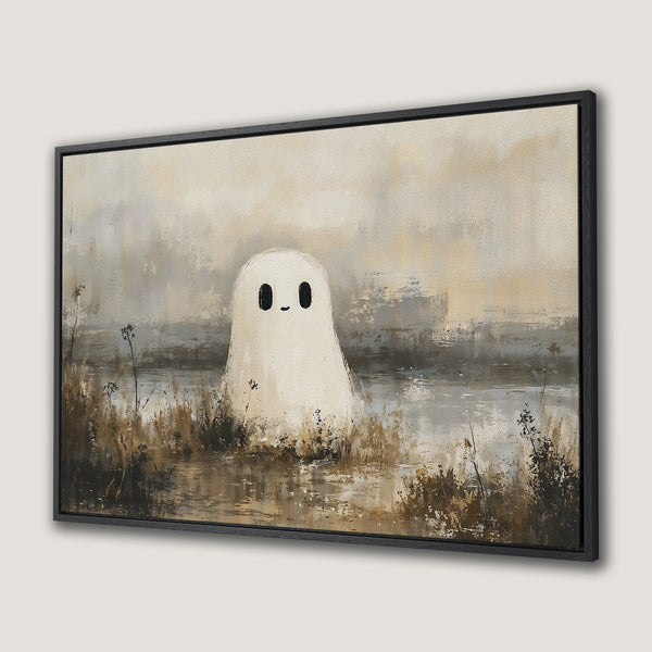 Framed Wall Art featuring a whimsical ghost in a serene landscape. Neutral color palette with earthy tones. Perfect for adding a touch of art to your space.