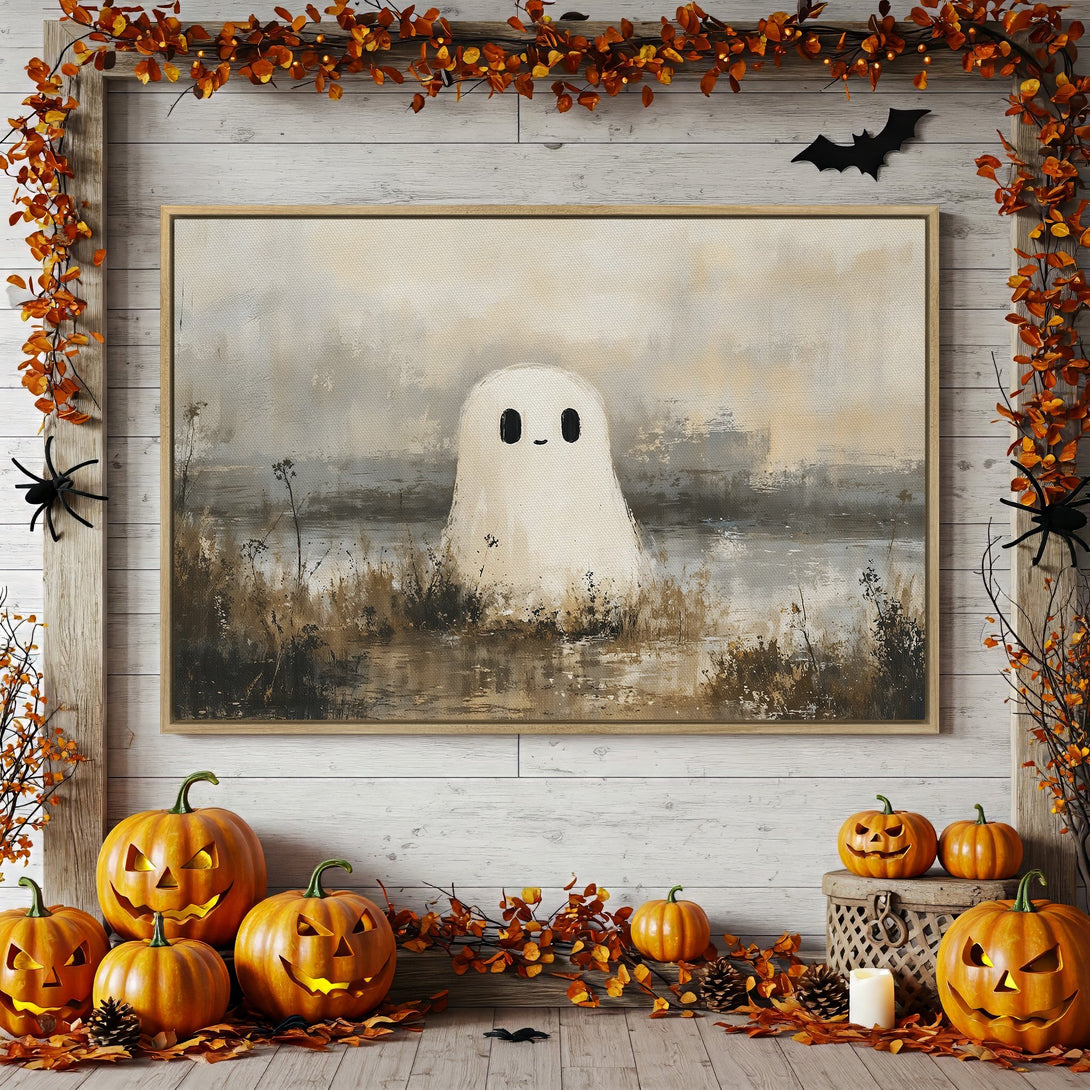 Framed Wall Art: Whimsical ghost painting in neutral tones. Perfect Halloween decor, adds a touch of spooky charm to any space.