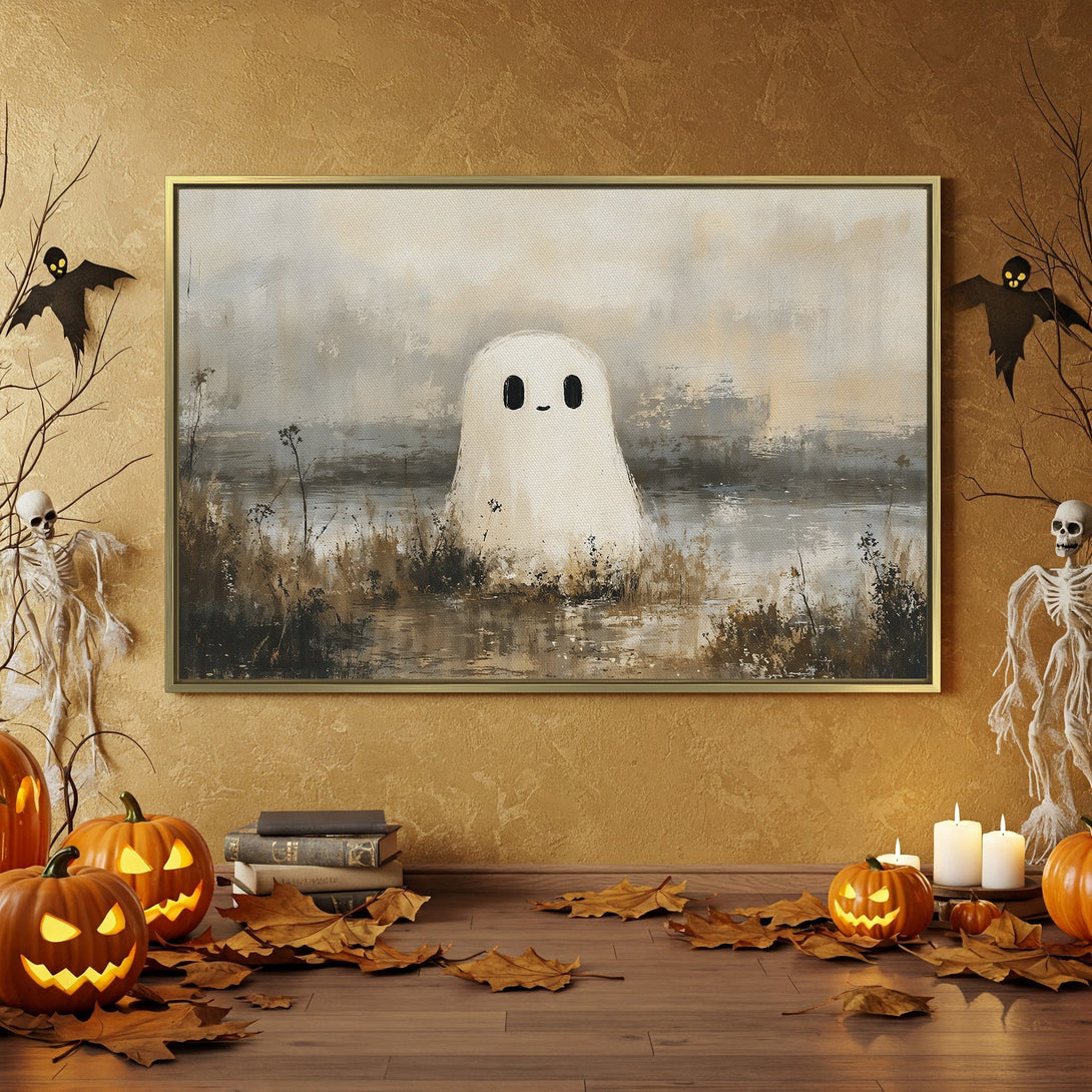 Canvas Print featuring a cute ghost painting in a Halloween-themed interior. Neutral color palette with pops of orange. Perfect spooky wall art!