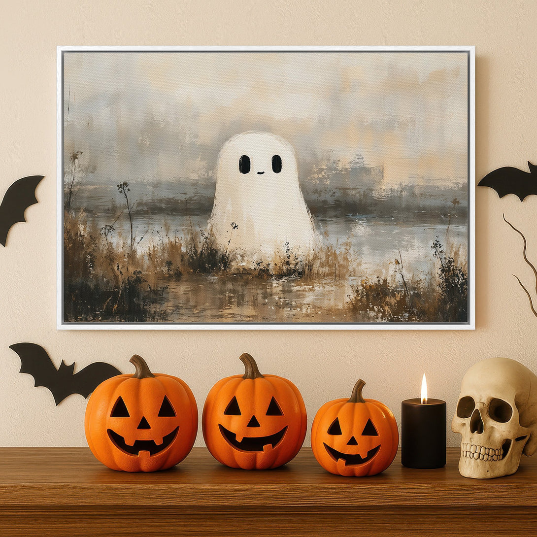 Framed Wall Art featuring a cute ghost in a neutral, moody color palette. Perfect Halloween decor! Shop Canvas Prints for unique art.