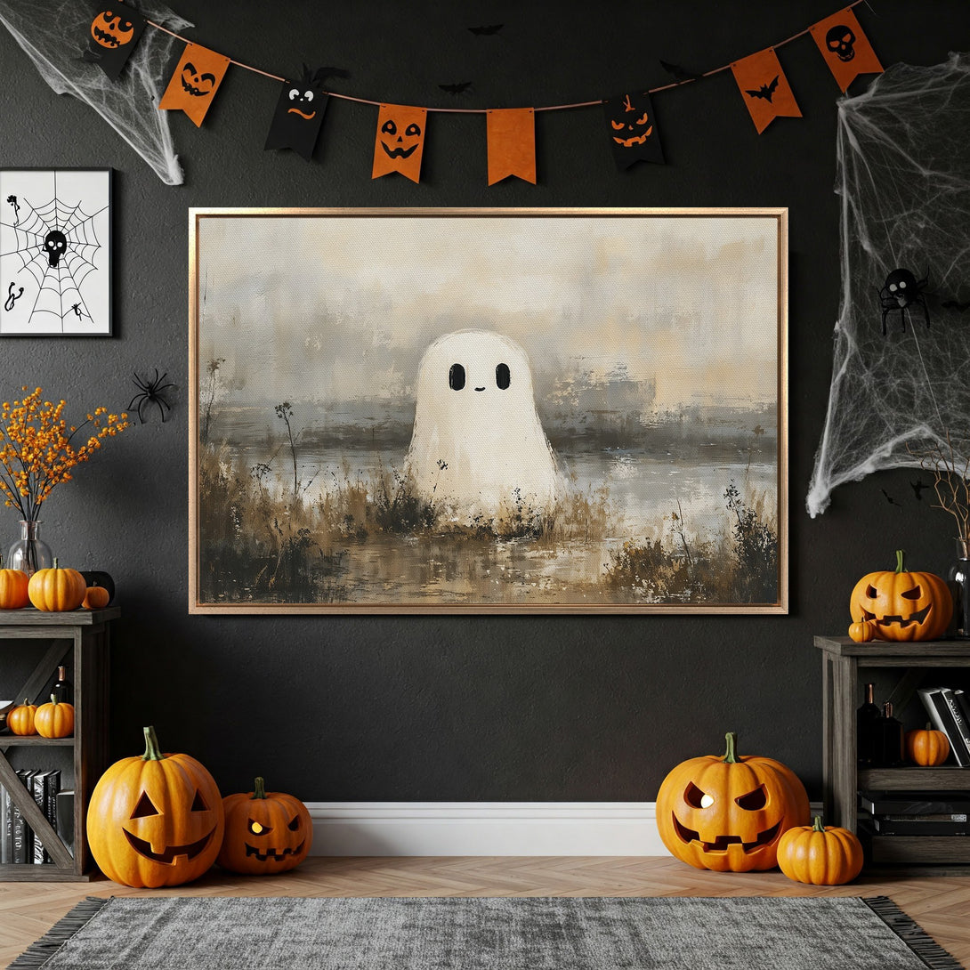 Framed Wall Art: Whimsical ghost painting in neutral tones, perfect for Halloween decor. Adds a touch of spooky charm to any space.