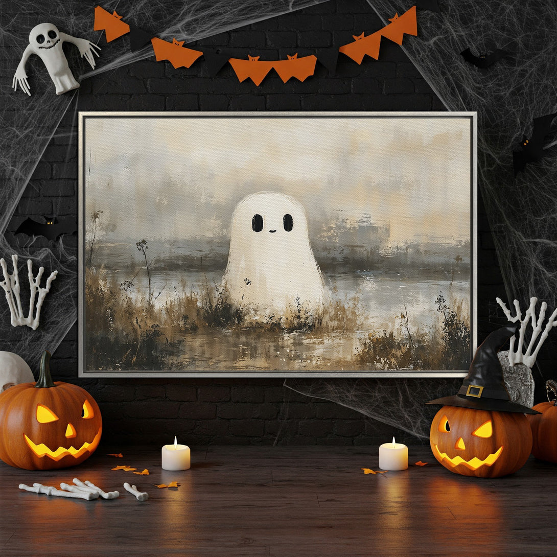 Framed Wall Art: Spooky ghost painting in neutral tones. Perfect Halloween decor! Abstract style, earthy palette. Add a touch of eerie elegance to your space.