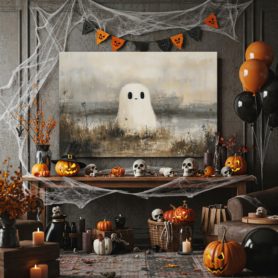 Framed Wall Art: Adorable ghost painting in neutral tones. Perfect Halloween decor. Adds a touch of spooky charm to any space. Shop now!