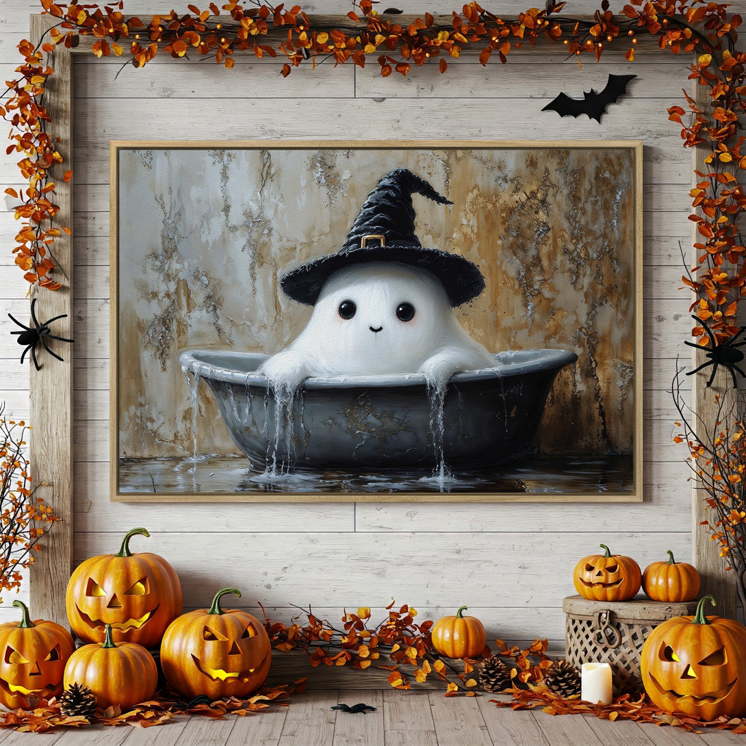 Framed Wall Art: Adorable ghost in a witch hat taking a bath. Halloween-themed, warm color palette. Perfect for fall decor.