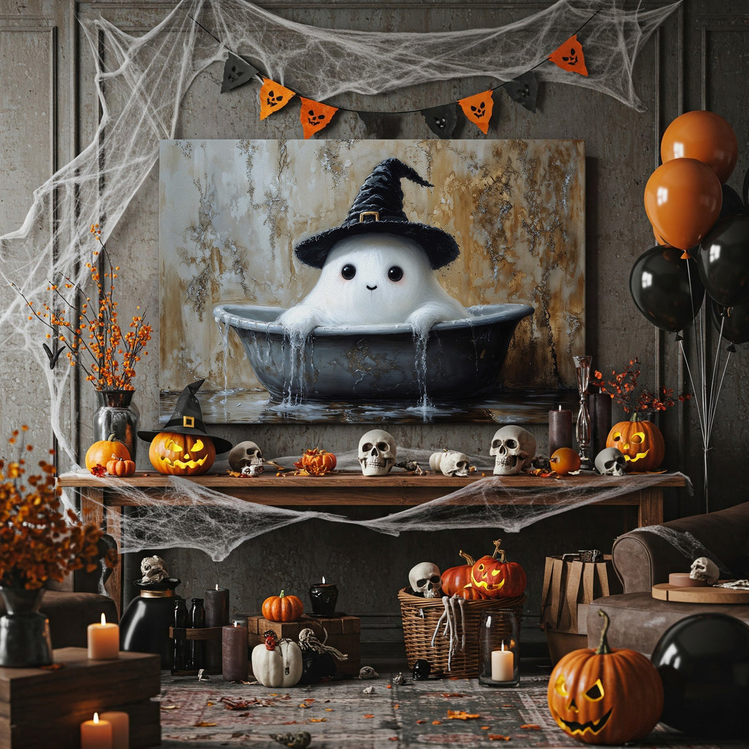 Framed Wall Art: Cute ghost in a witch hat taking a bath. Whimsical Halloween decor in warm, autumnal tones. Perfect for spooky season!