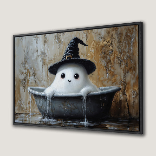 Framed Wall Art: Adorable ghost in a witch hat taking a bath. Whimsical art with a warm, neutral color palette, perfect for Halloween decor.