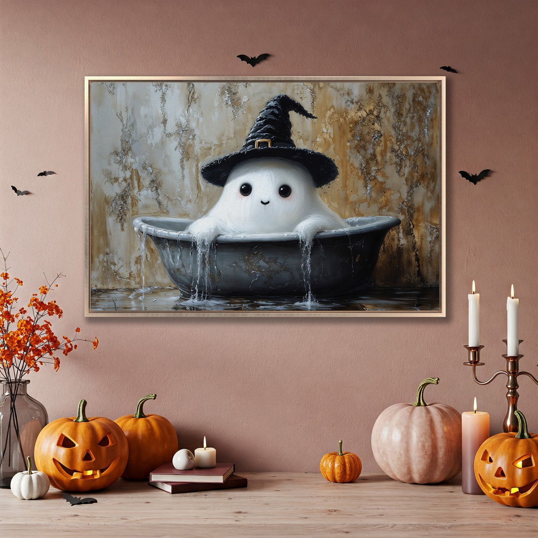 Framed Wall Art: Cute ghost in a witch hat taking a bath. Whimsical, Halloween-themed canvas print in warm, earthy tones. Perfect for seasonal decor!