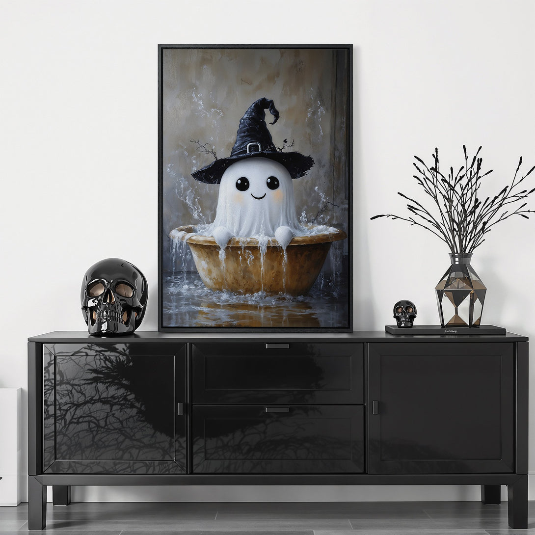 Framed Wall Art: Adorable ghost in a bathtub painting, perfect for Halloween decor. Whimsical style with a neutral, warm color palette. Add a touch of spooky charm!