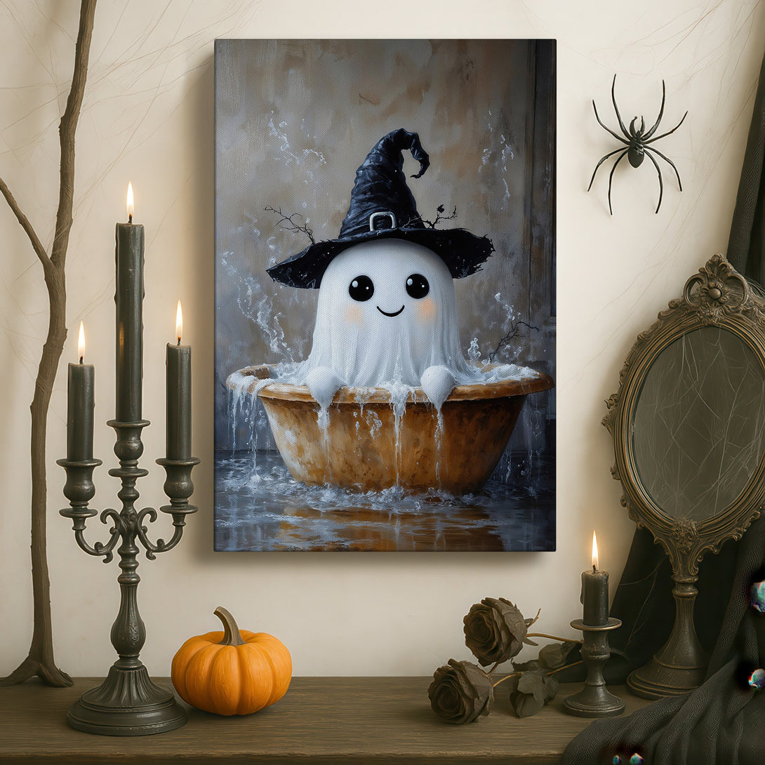 Framed Wall Art: Cute ghost in a witch hat, whimsical art in a gold frame. Warm, inviting color palette perfect for Halloween decor.