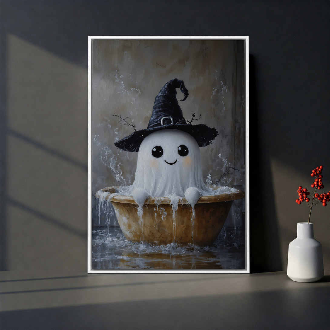 Framed Wall Art: Adorable ghost in a witch hat taking a bath. Whimsical art with a neutral color palette, perfect for Halloween decor. Add spooky charm to your home!