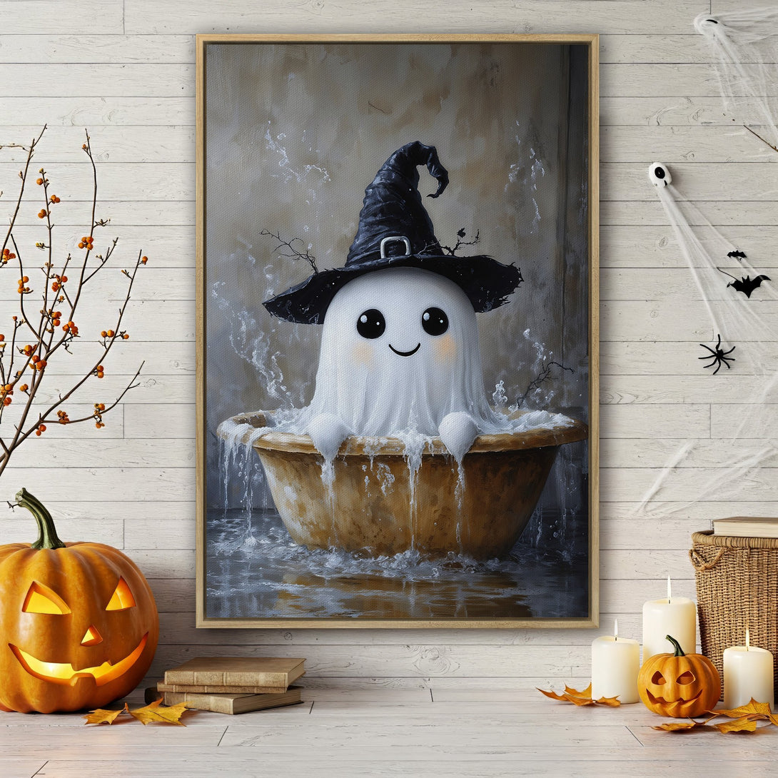 Framed Wall Art: Adorable Halloween ghost in a witch hat taking a bath. Whimsical style with a neutral, warm color palette. Perfect for spooky season decor!