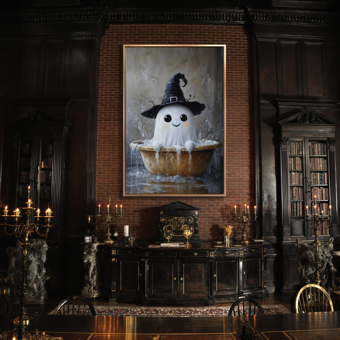 Framed Wall Art: Cute ghost in a witch hat taking a bath. Whimsical art with a warm, inviting color palette perfect for Halloween decor.
