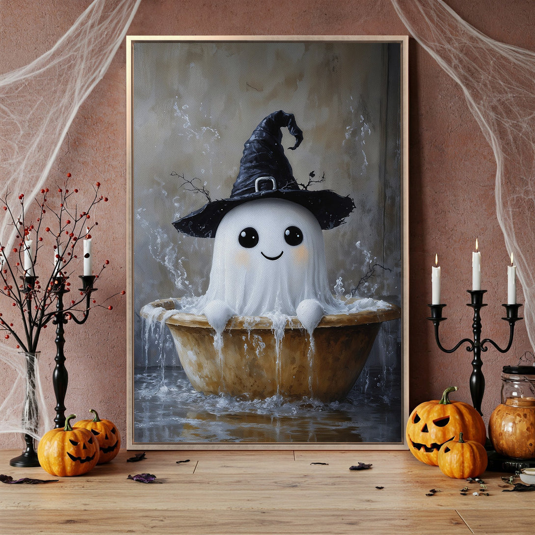 Framed Wall Art: Adorable Halloween ghost in a witch hat taking a bath. Whimsical art with a neutral palette, perfect for spooky season decor.