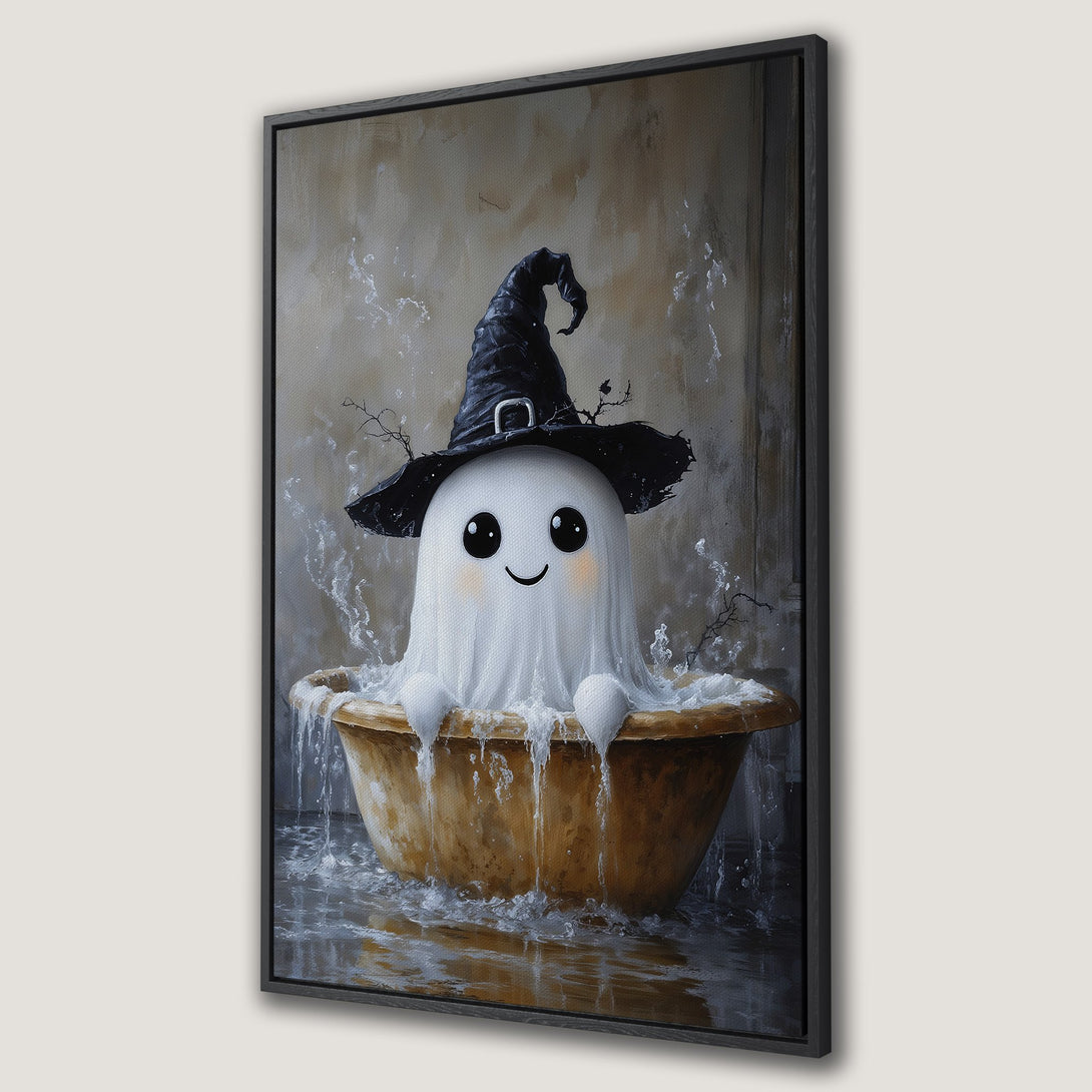 Framed Wall Art: Adorable ghost in a witch hat taking a bath. Whimsical art in neutral tones perfect for Halloween decor. Canvas Print for your home!