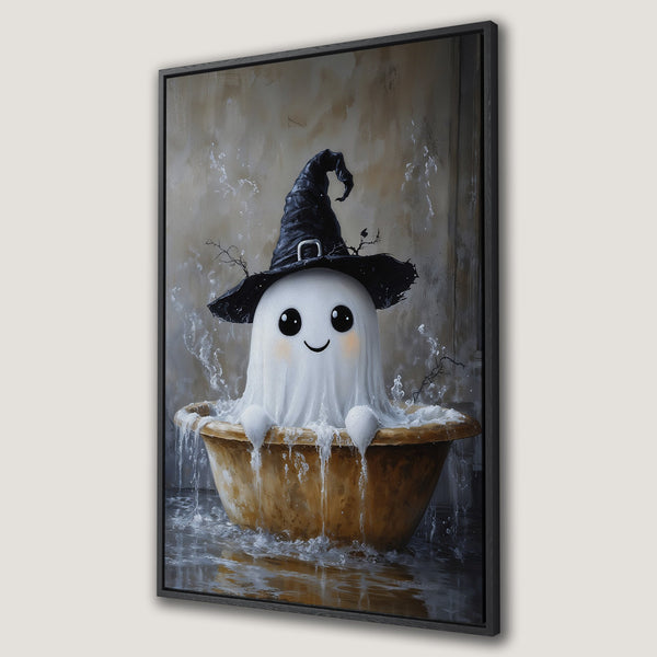 Framed Wall Art: Adorable ghost in a witch hat taking a bath. Whimsical art in neutral tones perfect for Halloween decor. Canvas Print for your home!